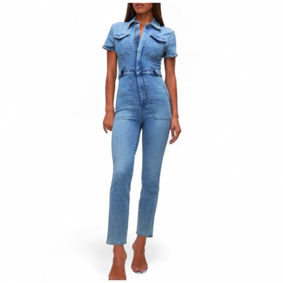 Good American Short Sleeve Denim Jumpsuit NWT XS - Picture 1 of 4